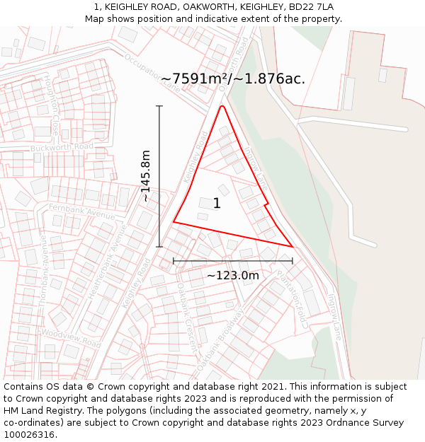 1, KEIGHLEY ROAD, OAKWORTH, KEIGHLEY, BD22 7LA: Plot and title map