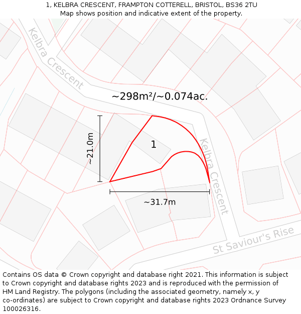 1, KELBRA CRESCENT, FRAMPTON COTTERELL, BRISTOL, BS36 2TU: Plot and title map