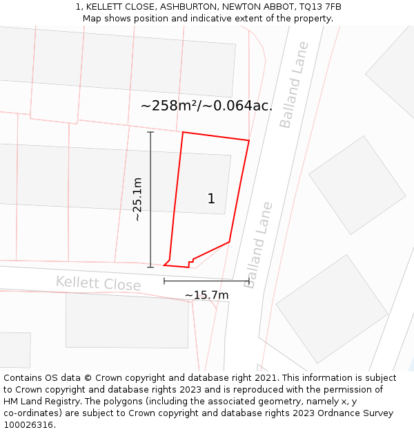 1, KELLETT CLOSE, ASHBURTON, NEWTON ABBOT, TQ13 7FB: Plot and title map