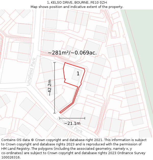 1, KELSO DRIVE, BOURNE, PE10 0ZH: Plot and title map