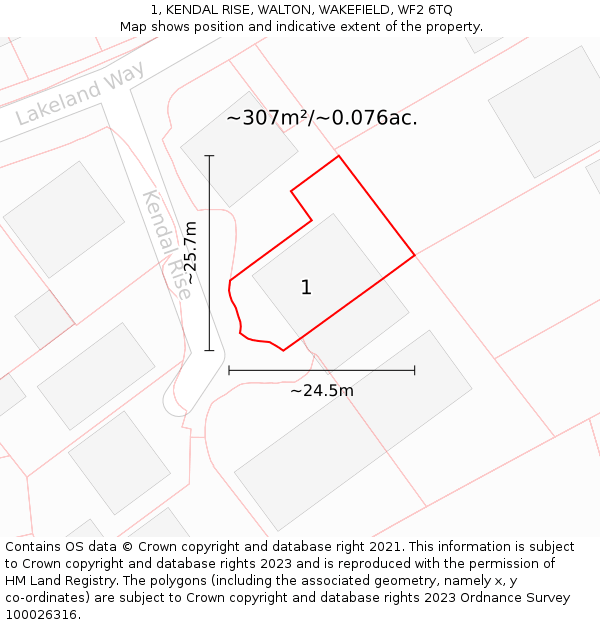 1, KENDAL RISE, WALTON, WAKEFIELD, WF2 6TQ: Plot and title map