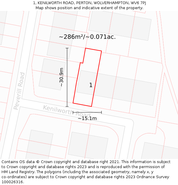 1, KENILWORTH ROAD, PERTON, WOLVERHAMPTON, WV6 7PJ: Plot and title map