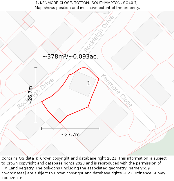 1, KENMORE CLOSE, TOTTON, SOUTHAMPTON, SO40 7JL: Plot and title map