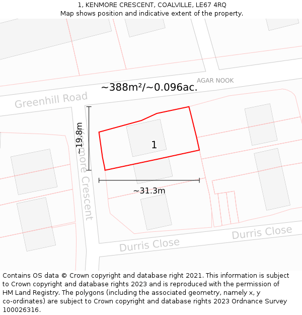 1, KENMORE CRESCENT, COALVILLE, LE67 4RQ: Plot and title map
