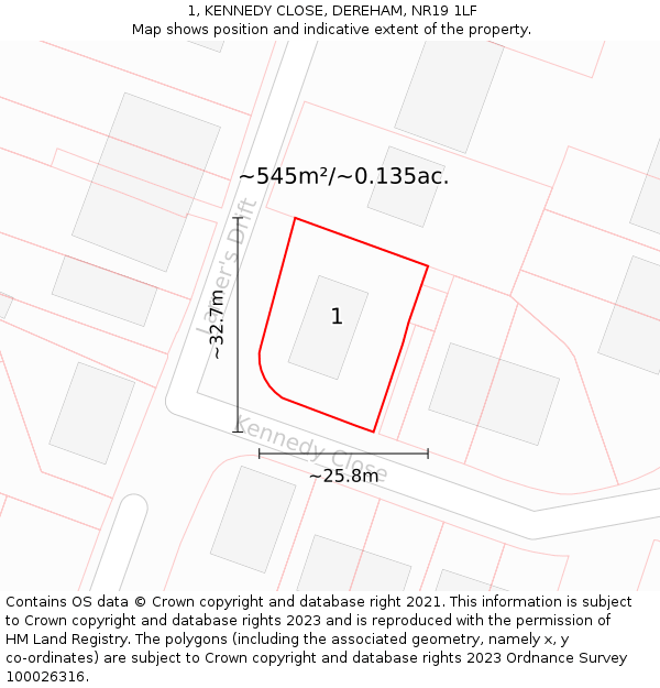1, KENNEDY CLOSE, DEREHAM, NR19 1LF: Plot and title map