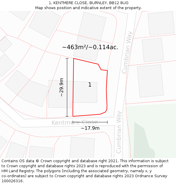 1, KENTMERE CLOSE, BURNLEY, BB12 8UG: Plot and title map