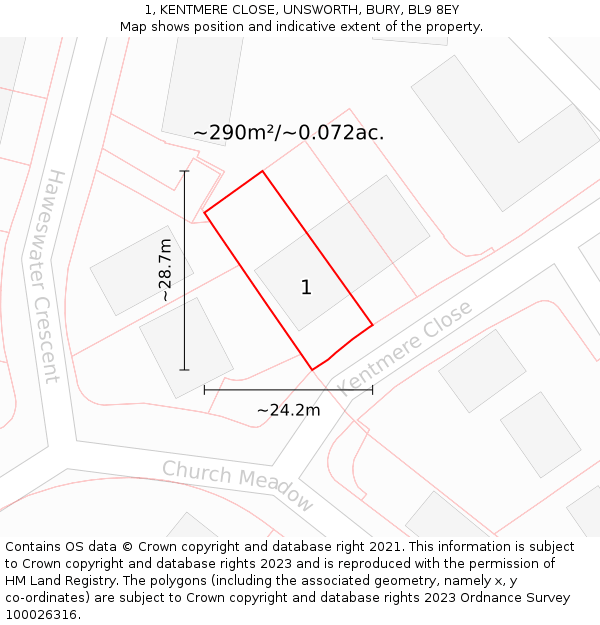 1, KENTMERE CLOSE, UNSWORTH, BURY, BL9 8EY: Plot and title map