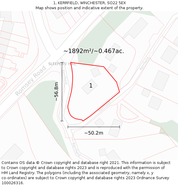 1, KERRFIELD, WINCHESTER, SO22 5EX: Plot and title map