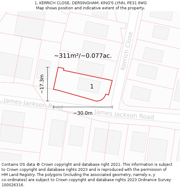 1, KERRICH CLOSE, DERSINGHAM, KING'S LYNN, PE31 6WG: Plot and title map