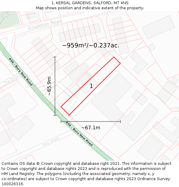 1, KERSAL GARDENS, SALFORD, M7 4NS: Plot and title map