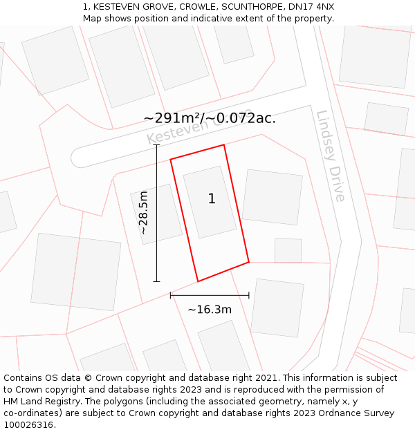 1, KESTEVEN GROVE, CROWLE, SCUNTHORPE, DN17 4NX: Plot and title map