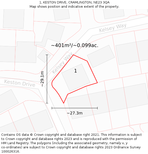 1, KESTON DRIVE, CRAMLINGTON, NE23 3QA: Plot and title map