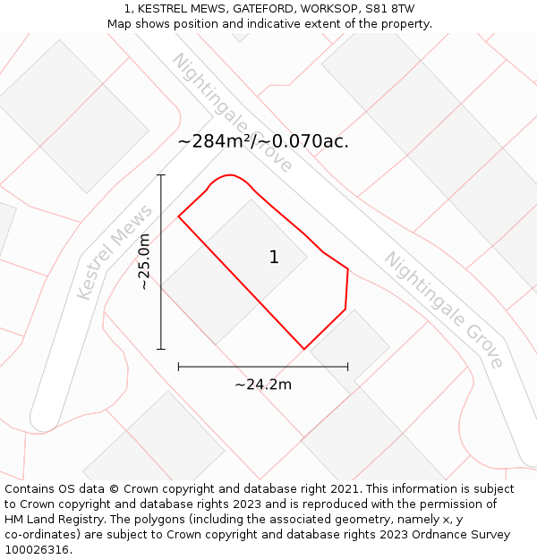 1, KESTREL MEWS, GATEFORD, WORKSOP, S81 8TW: Plot and title map