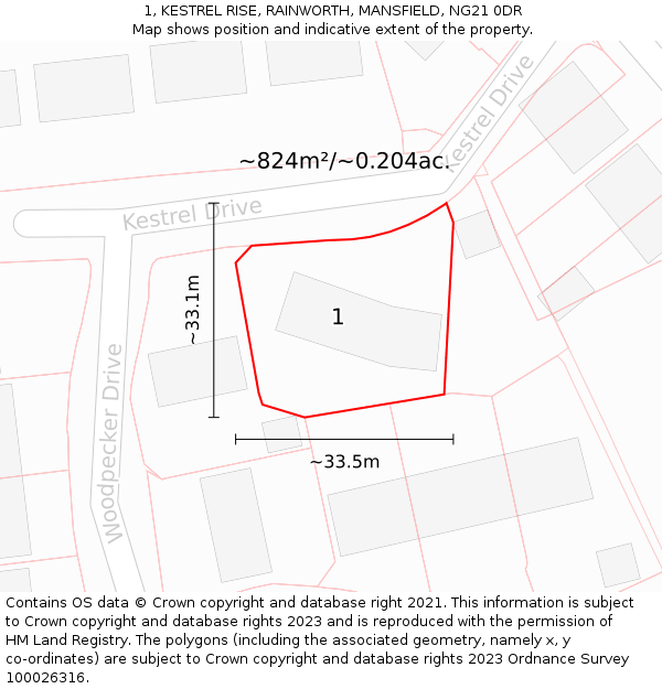 1, KESTREL RISE, RAINWORTH, MANSFIELD, NG21 0DR: Plot and title map