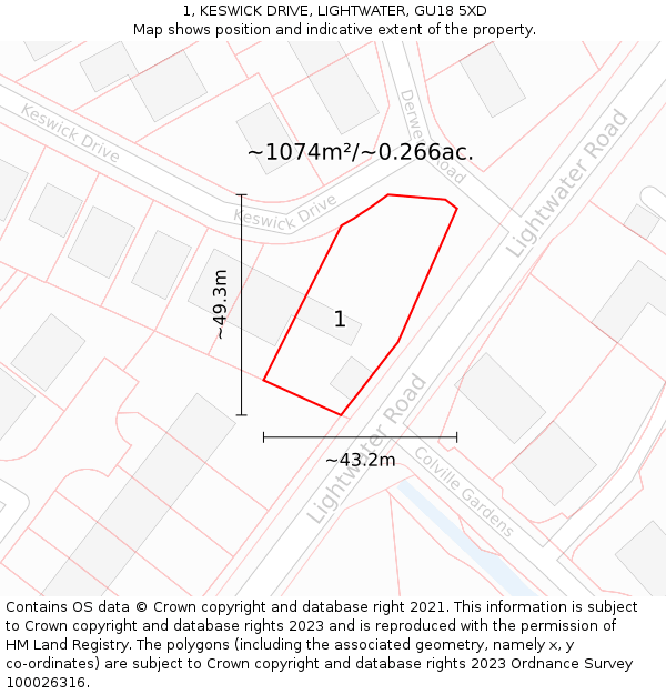 1, KESWICK DRIVE, LIGHTWATER, GU18 5XD: Plot and title map