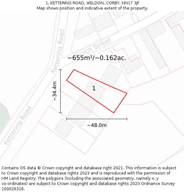 1, KETTERING ROAD, WELDON, CORBY, NN17 3JF: Plot and title map