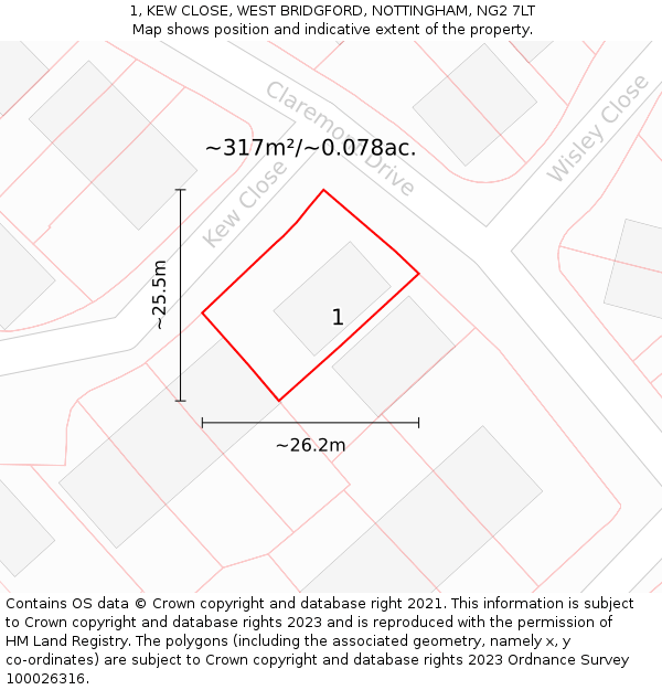 1, KEW CLOSE, WEST BRIDGFORD, NOTTINGHAM, NG2 7LT: Plot and title map