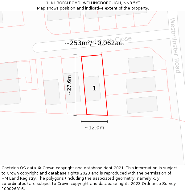 1, KILBORN ROAD, WELLINGBOROUGH, NN8 5YT: Plot and title map