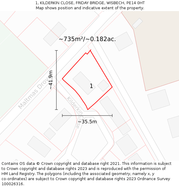 1, KILDERKIN CLOSE, FRIDAY BRIDGE, WISBECH, PE14 0HT: Plot and title map