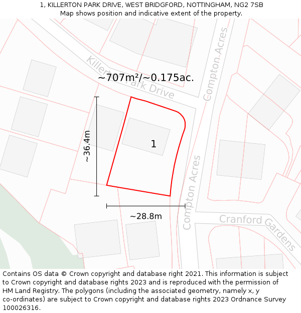 1, KILLERTON PARK DRIVE, WEST BRIDGFORD, NOTTINGHAM, NG2 7SB: Plot and title map