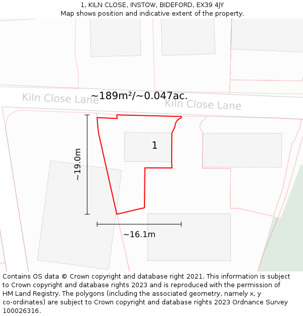 1, KILN CLOSE, INSTOW, BIDEFORD, EX39 4JY: Plot and title map