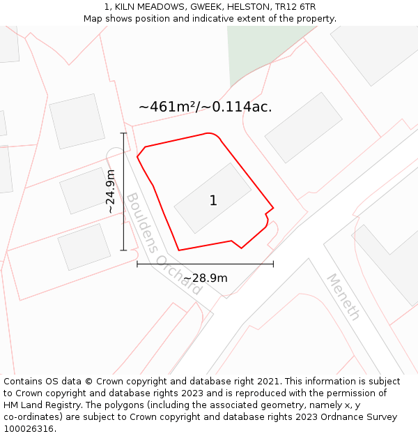 1, KILN MEADOWS, GWEEK, HELSTON, TR12 6TR: Plot and title map