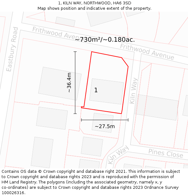 1, KILN WAY, NORTHWOOD, HA6 3SD: Plot and title map