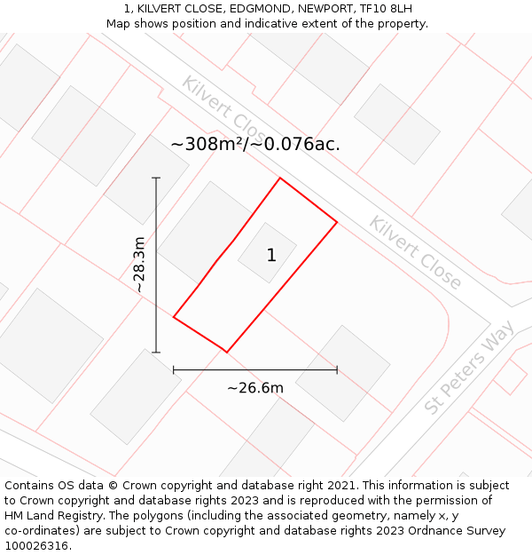 1, KILVERT CLOSE, EDGMOND, NEWPORT, TF10 8LH: Plot and title map