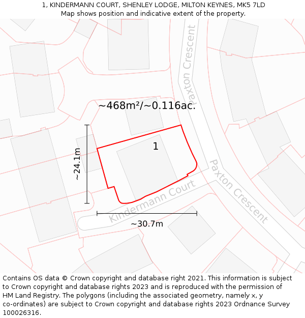 1, KINDERMANN COURT, SHENLEY LODGE, MILTON KEYNES, MK5 7LD: Plot and title map