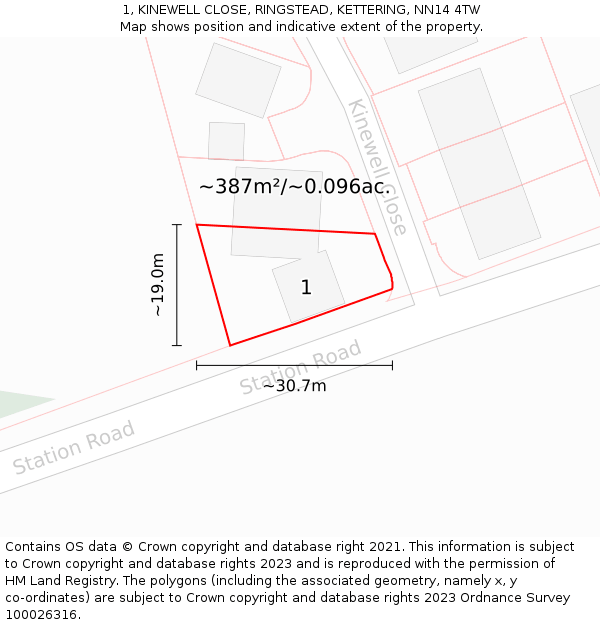 1, KINEWELL CLOSE, RINGSTEAD, KETTERING, NN14 4TW: Plot and title map