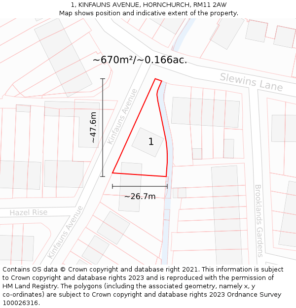 1, KINFAUNS AVENUE, HORNCHURCH, RM11 2AW: Plot and title map