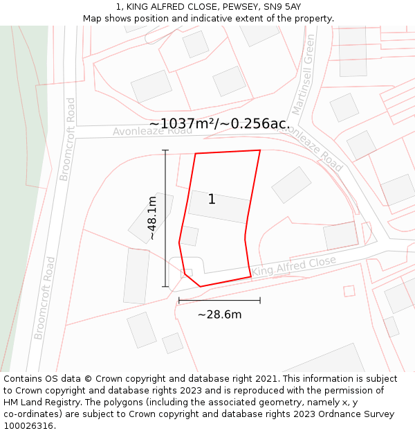 1, KING ALFRED CLOSE, PEWSEY, SN9 5AY: Plot and title map