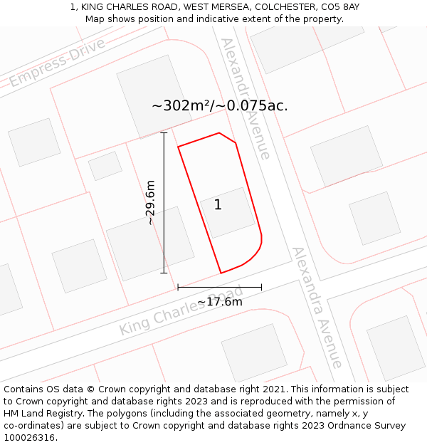 1, KING CHARLES ROAD, WEST MERSEA, COLCHESTER, CO5 8AY: Plot and title map