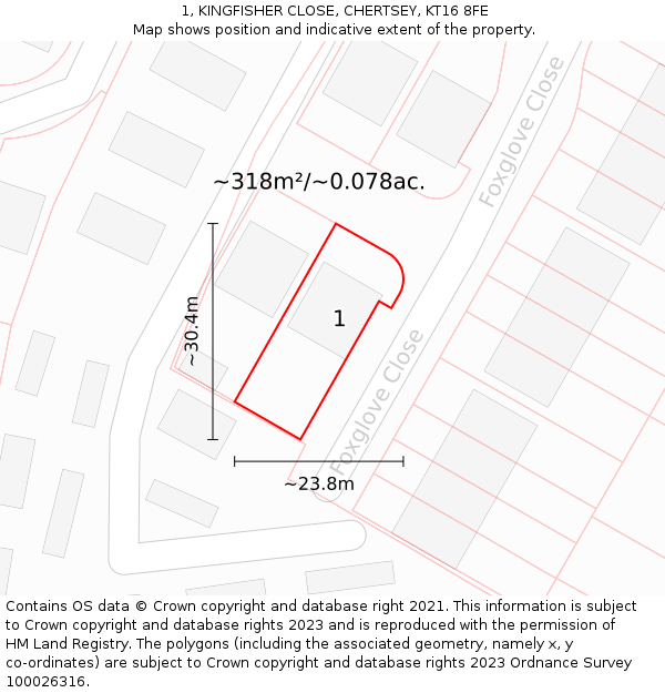 1, KINGFISHER CLOSE, CHERTSEY, KT16 8FE: Plot and title map