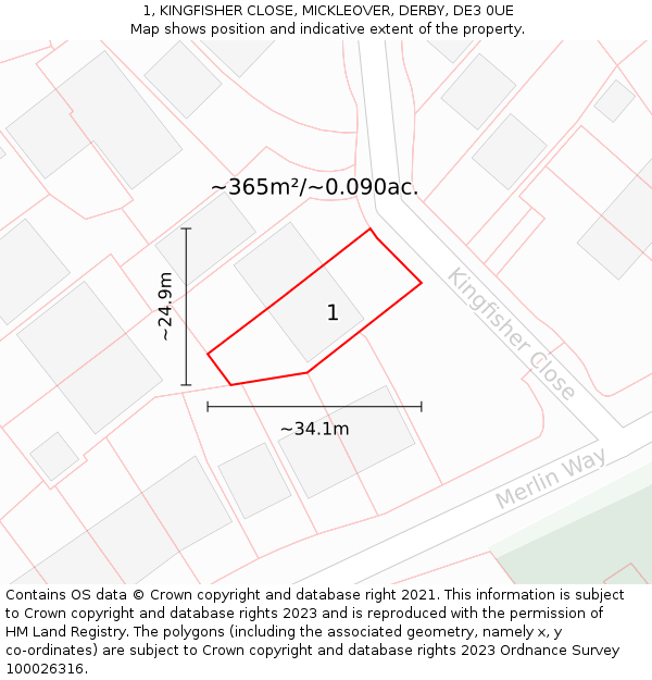 1, KINGFISHER CLOSE, MICKLEOVER, DERBY, DE3 0UE: Plot and title map