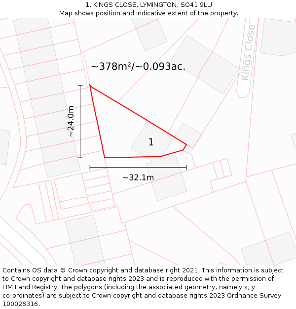 1, KINGS CLOSE, LYMINGTON, SO41 9LU: Plot and title map