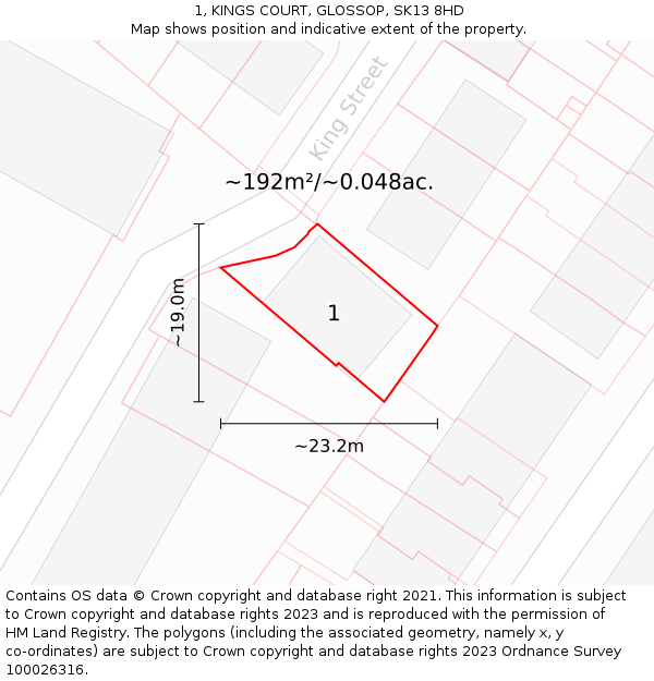 1, KINGS COURT, GLOSSOP, SK13 8HD: Plot and title map