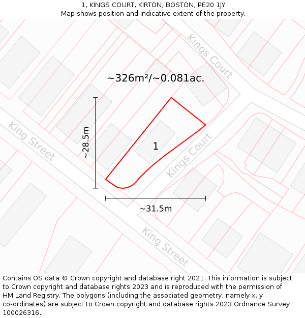 1, KINGS COURT, KIRTON, BOSTON, PE20 1JY: Plot and title map