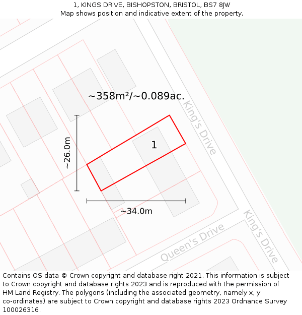 1, KINGS DRIVE, BISHOPSTON, BRISTOL, BS7 8JW: Plot and title map