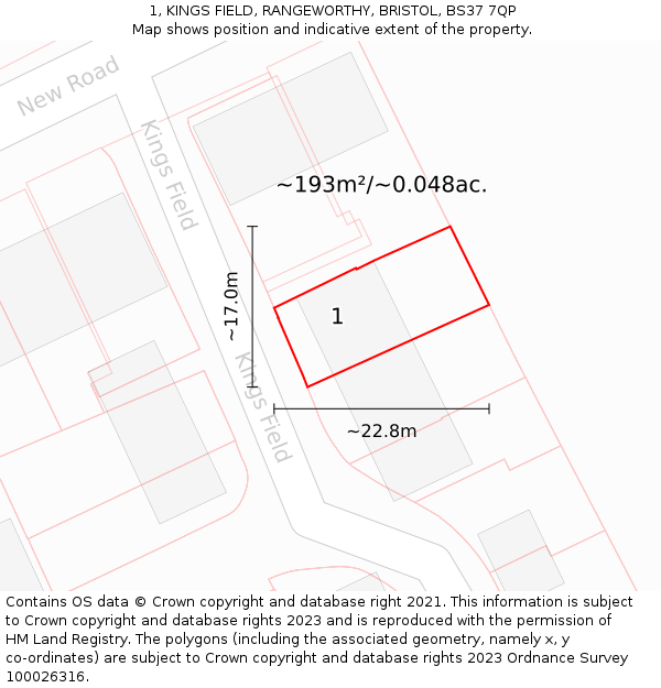 1, KINGS FIELD, RANGEWORTHY, BRISTOL, BS37 7QP: Plot and title map