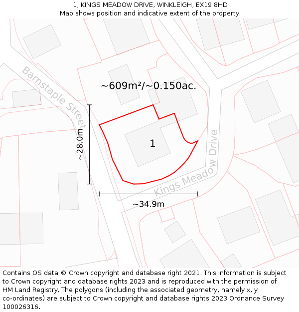 1, KINGS MEADOW DRIVE, WINKLEIGH, EX19 8HD: Plot and title map