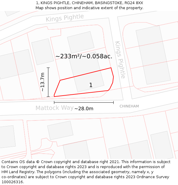 1, KINGS PIGHTLE, CHINEHAM, BASINGSTOKE, RG24 8XX: Plot and title map