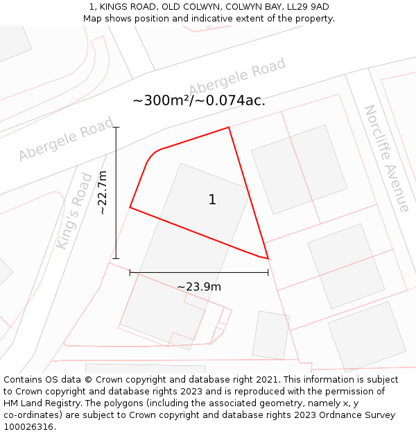 1, KINGS ROAD, OLD COLWYN, COLWYN BAY, LL29 9AD: Plot and title map