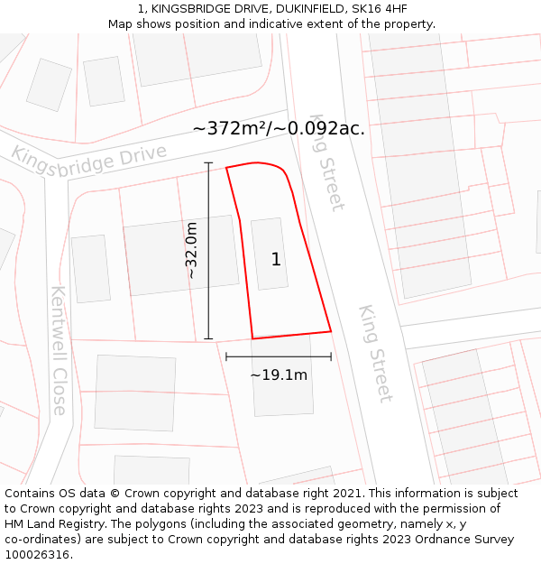 1, KINGSBRIDGE DRIVE, DUKINFIELD, SK16 4HF: Plot and title map