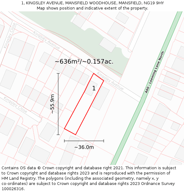 1, KINGSLEY AVENUE, MANSFIELD WOODHOUSE, MANSFIELD, NG19 9HY: Plot and title map