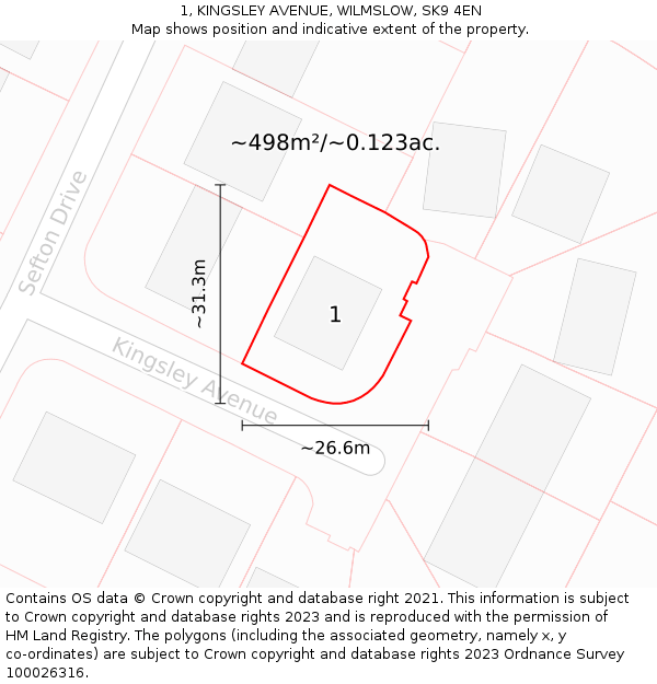 1, KINGSLEY AVENUE, WILMSLOW, SK9 4EN: Plot and title map