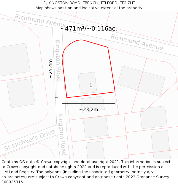 1, KINGSTON ROAD, TRENCH, TELFORD, TF2 7HT: Plot and title map