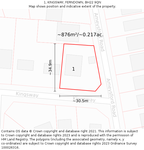 1, KINGSWAY, FERNDOWN, BH22 9QN: Plot and title map