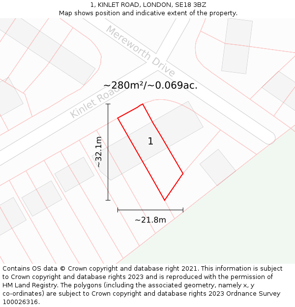 1, KINLET ROAD, LONDON, SE18 3BZ: Plot and title map