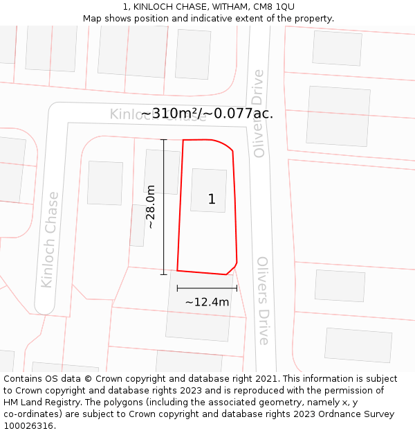 1, KINLOCH CHASE, WITHAM, CM8 1QU: Plot and title map